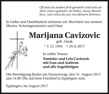 Traueranzeige von Marijana Cavizovic 