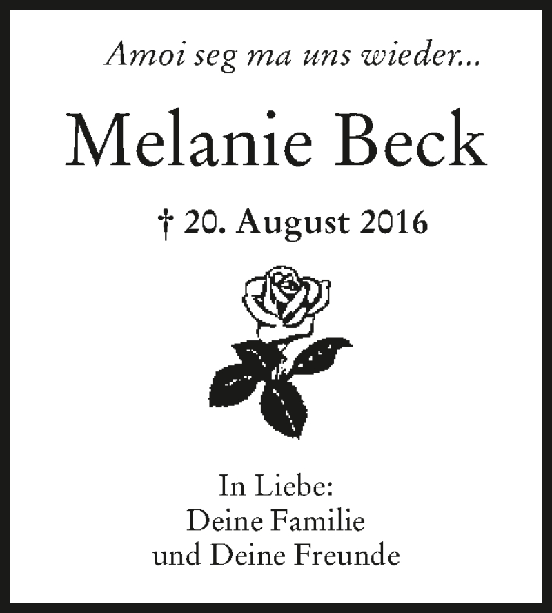  Traueranzeige für Melanie Beck vom 19.08.2017 aus 