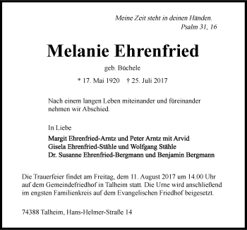 Traueranzeige von Melanie Ehrenfried 