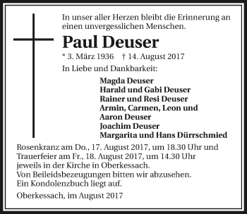 Traueranzeige von Paul Deuser 