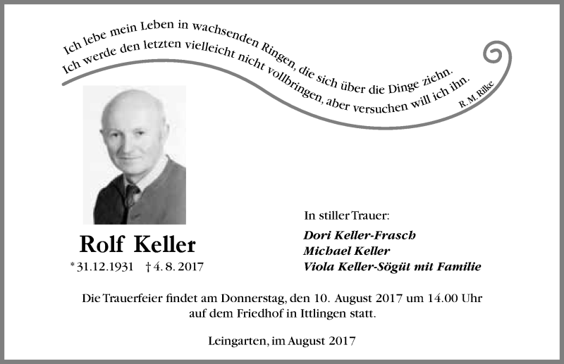  Traueranzeige für Rolf Keller vom 09.08.2017 aus 