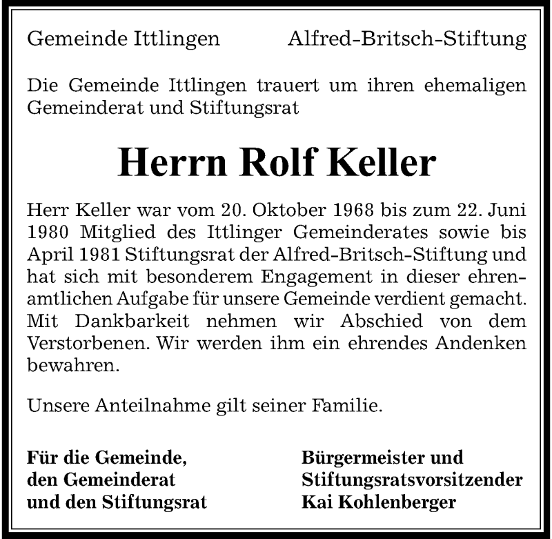  Traueranzeige für Rolf Keller vom 10.08.2017 aus 