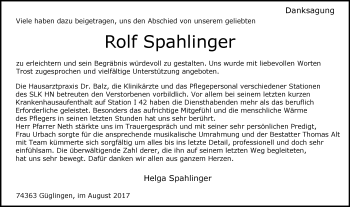 Traueranzeige von Rolf Spahlinger 