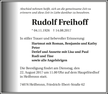 Traueranzeige von Rudolf Freihoff 