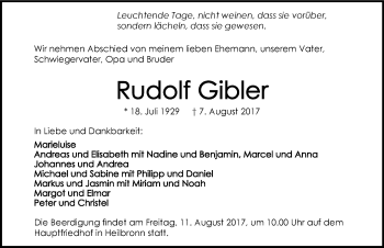 Traueranzeige von Rudolf Gibler 