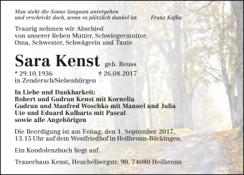 Traueranzeige von Sara Kenst 