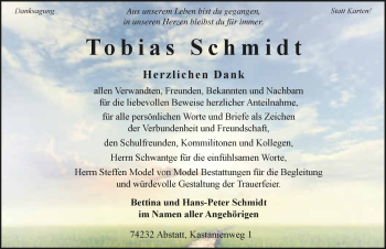 Traueranzeige von Tobias Schmidt 