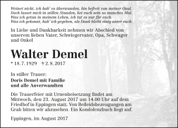 Traueranzeige von Walter Demel 