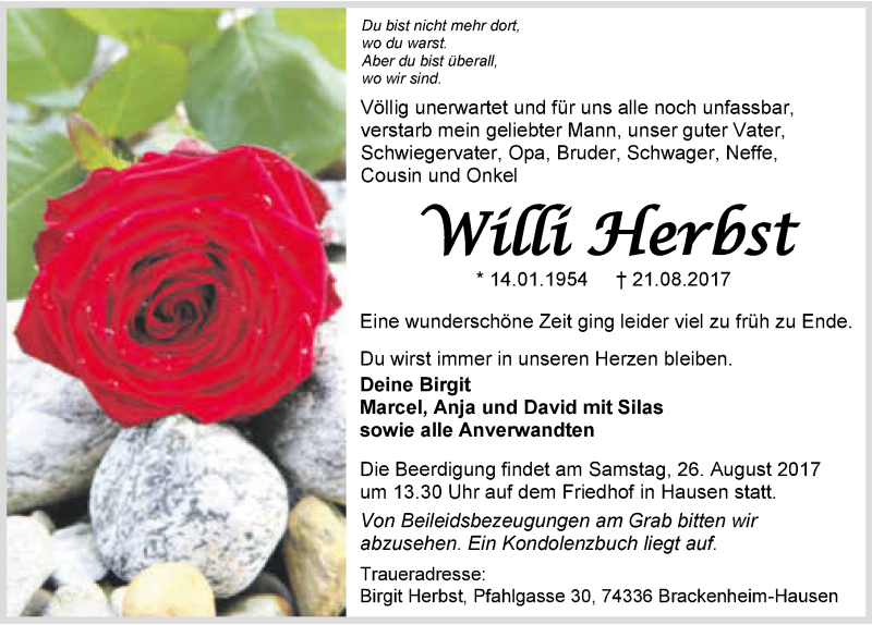  Traueranzeige für Willi Herbst vom 24.08.2017 aus 