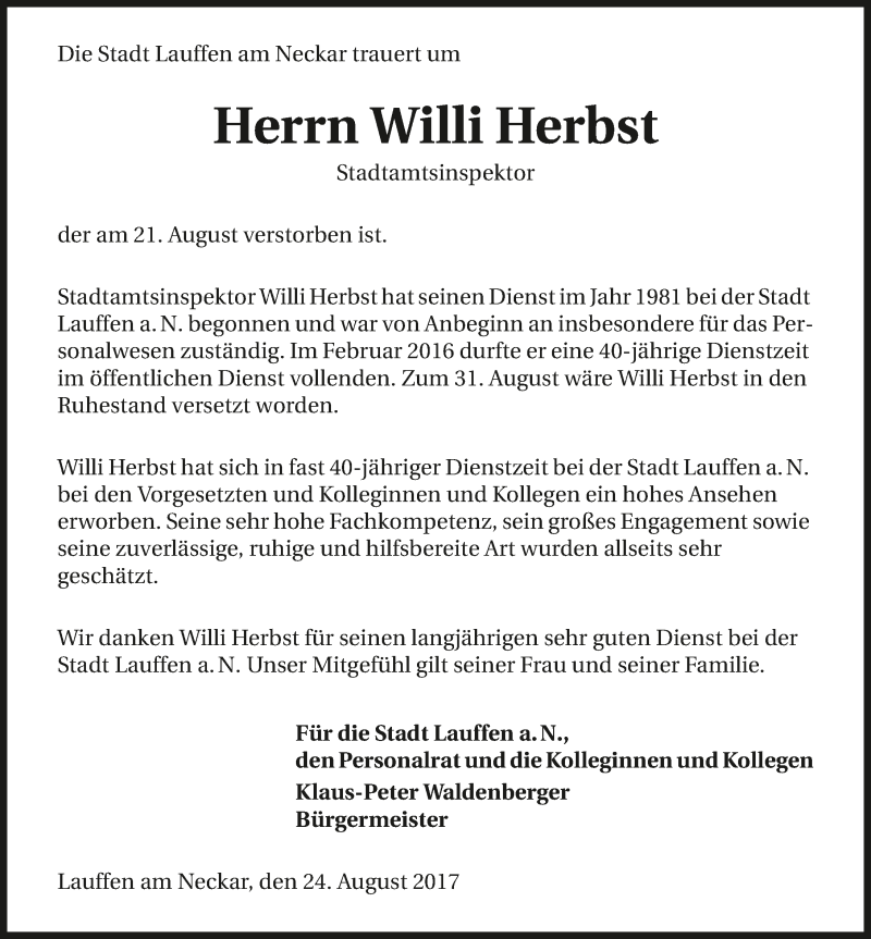  Traueranzeige für Willi Herbst vom 24.08.2017 aus 