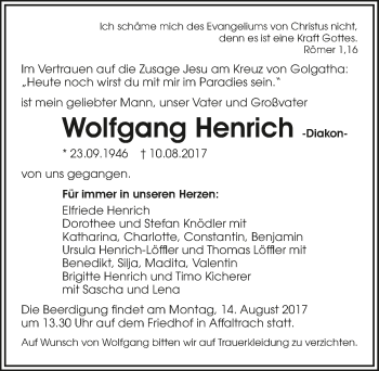 Traueranzeige von Wolfgang Henrich 