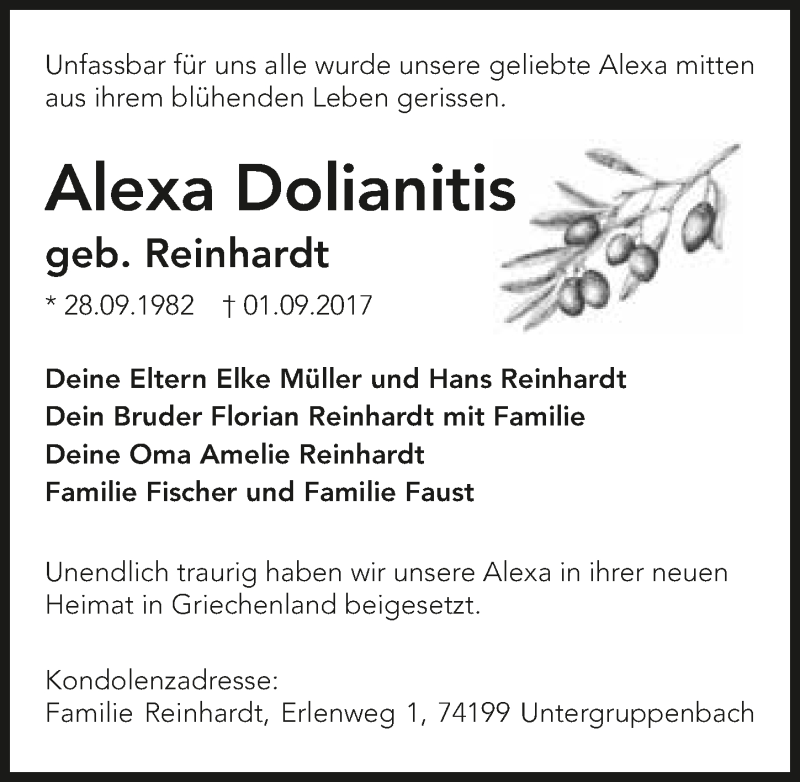  Traueranzeige für Alexa Dolianitis vom 06.09.2017 aus 