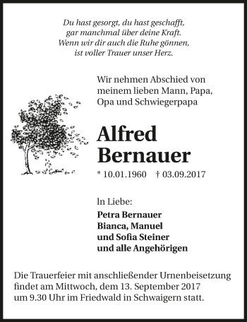 Traueranzeige von Alfred Bernauer 