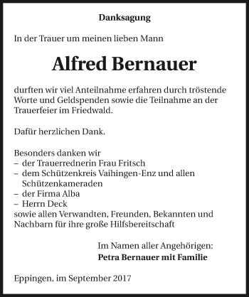 Traueranzeige von Alfred Bernauer 