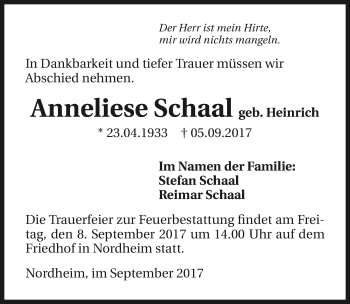 Traueranzeige von Anneliese Schaal 