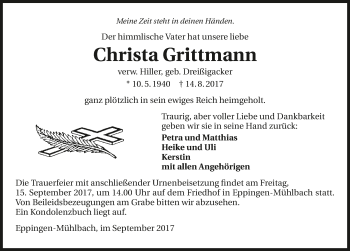 Traueranzeige von Christa Grittmann 