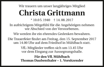 Traueranzeige von Christa Grittmann 