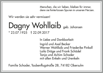 Traueranzeige von Dagny Wohllaib 