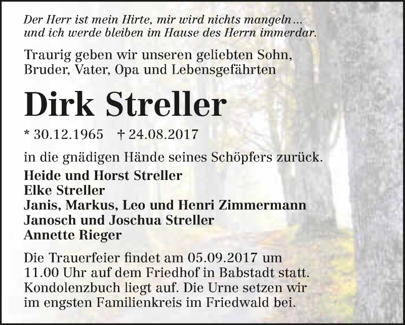  Traueranzeige für Dirk Streller vom 02.09.2017 aus 