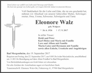 Traueranzeige von Eleonore Walz 