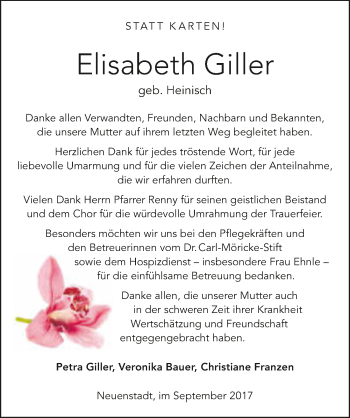 Traueranzeige von Elisabeth Giller 