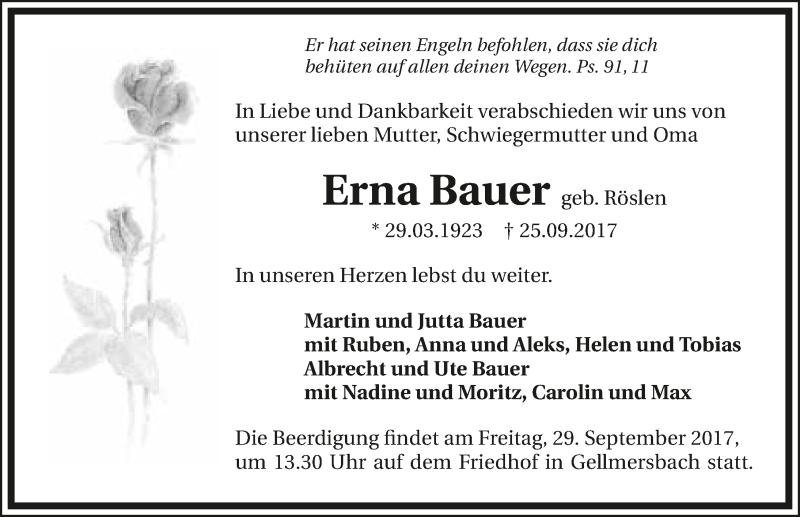  Traueranzeige für Erna Bauer vom 27.09.2017 aus 