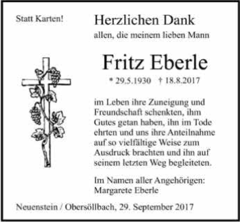 Traueranzeige von Fritz Eberle 