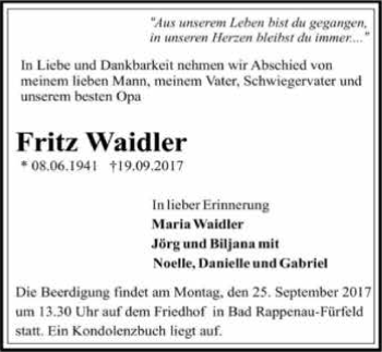 Traueranzeige von Fritz Waidler 