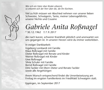 Traueranzeige von GabrieleAnita Roßnagel 