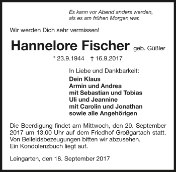 Traueranzeige von Hannelore Fischer 