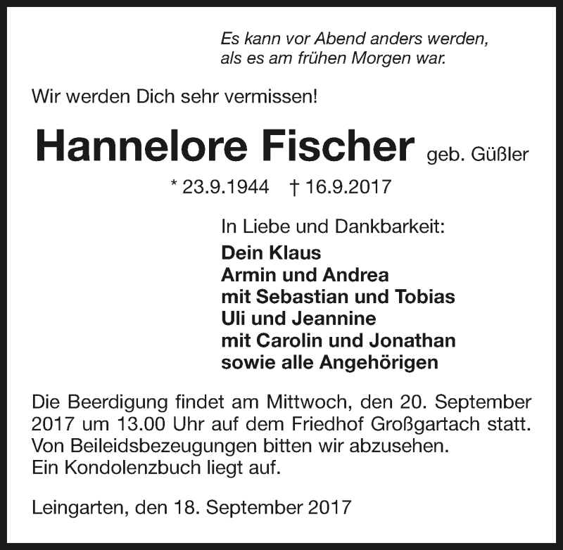  Traueranzeige für Hannelore Fischer vom 18.09.2017 aus 