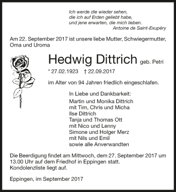 Traueranzeige von Hedwig Dittrich 