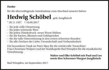 Traueranzeige von Hedwig Schöbel 