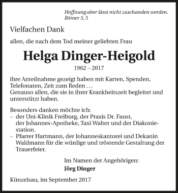 Traueranzeige von Helga Dinger-Heigold 
