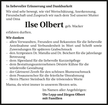 Traueranzeige von Ilse Olbert 