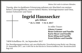 Traueranzeige von Ingrid Haussecker 