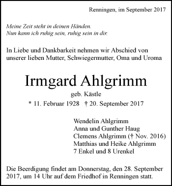 Traueranzeige von Irmgard Ahlgrimm 