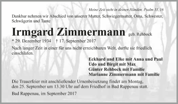 Traueranzeige von Irmgard Zimmermann 