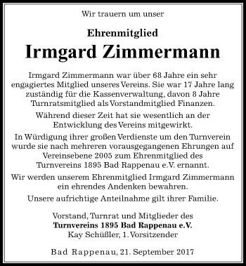 Traueranzeige von Irmgard Zimmermann 