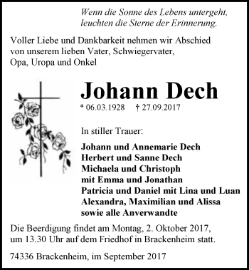 Traueranzeige von Johann Dech 