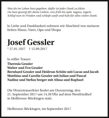 Traueranzeige von Josef Gessler 