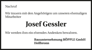 Traueranzeige von Josef Gessler 