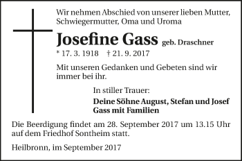 Traueranzeige von Josefine Gass 