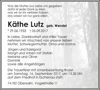 Traueranzeige von Käthe Lutz 