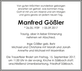 Traueranzeige von Manfred Gößler 