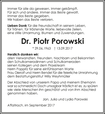 Traueranzeige von Piotr Porowski 