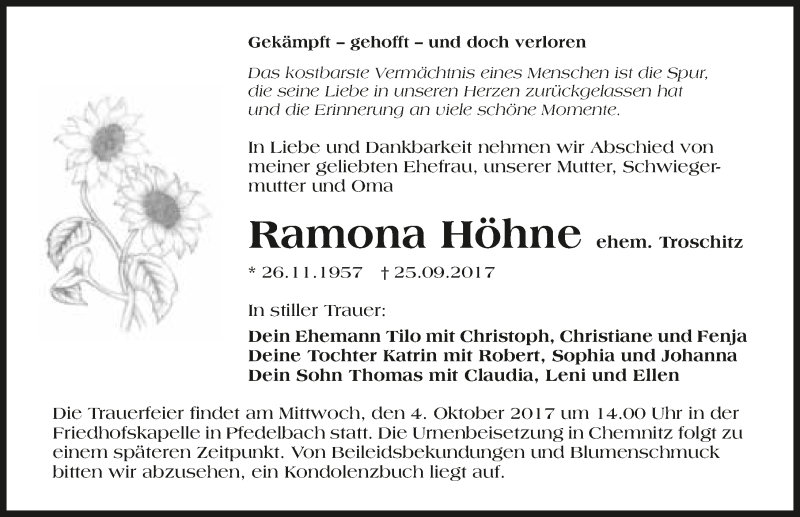  Traueranzeige für Ramona Höhne vom 30.09.2017 aus 