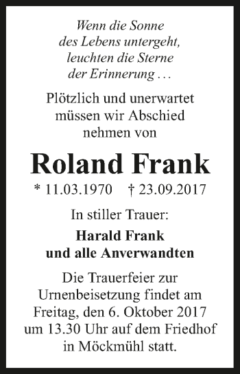 Traueranzeige von Roland Frank 