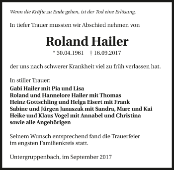 Traueranzeige von Roland Hailer 