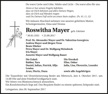 Traueranzeige von Roswitha Mayer 